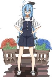Rule 34 | ahoge, alternate costume, azumaya (miyui001), baseball cap, black-framed eyewear, blouse, blue hair, bow, braid, contemporary, full body, glasses, hair bow, hands on own hips, hat, long hair, looking at viewer, mushoku tensei, overalls, roxy migurdia, shirt, shoes, sneakers, solo, striped clothes, striped shirt, t-shirt, twin braids, very long hair
