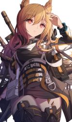 Rule 34 | 1girl, animal ears, arknights, arm at side, arm up, backpack, bag, belt, belt buckle, black ribbon, buckle, ceobe (arknights), chain, closed mouth, collar, commentary, dog ears, dress, eyes visible through hair, from below, hair down, highres, light brown hair, light smile, long hair, long sleeves, looking afar, pouch, red eyes, ribbon, shading eyes, short dress, simple background, solo, strap, stratoz, thighhighs, weapon, white background