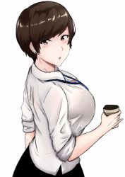 Rule 34 | 1girl, :o, badge, black skirt, blush, breasts, brown eyes, brown hair, coffee cup, collared shirt, cup, deroo, disposable cup, dress shirt, earrings, formal, holding, holding cup, id card, jewelry, lanyard, large breasts, looking at viewer, looking to the side, miniskirt, name tag, office lady, olive laurentia, original, parted lips, pencil skirt, pinky out, pixie cut, see-through, shirt, short hair, skirt, sleeves rolled up, solo, stud earrings, swept bangs, white shirt