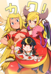 Rule 34 | 3girls, aiba-tsukiko, black hair, blonde hair, blue eyes, blunt bangs, blush stickers, bracelet, breasts, chestnut mouth, circlet, double v, echidna (p&amp;d), fang, gloves, grin, hand fan, highres, horns, jewelry, lamia, lilith (p&amp;d), long hair, lots of jewelry, monster girl, multiple girls, pointy ears, puzzle &amp; dragons, red eyes, sidelocks, size difference, smile, underboob, v, yomi (p&amp;d)