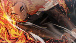 Rule 34 | &gt;:), 1boy, blonde hair, cape, colored tips, fire, flaming sword, flaming weapon, forked eyebrows, furrowed brow, hair intakes, high collar, highres, holding, holding weapon, japanese clothes, kimetsu no yaiba, long hair, male focus, multicolored hair, orange eyes, rengoku kyoujurou, school uniform, smile, smug, solo, streaked hair, tsurime, ume219, weapon, white cape