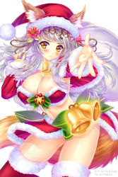 Rule 34 | 1girl, a.yuuki, animal ears, areola slip, bell, blunt bangs, blush, bow, breasts, christmas, cleavage, flower, foreshortening, frown, hair flower, hair ornament, large breasts, nail polish, original, reaching, reaching towards viewer, sack, santa costume, seiken orochi chronicle, solo, tail, thighhighs, white hair, yellow eyes