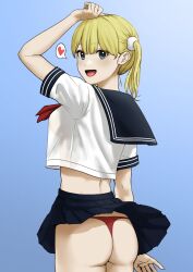 Rule 34 | 1girl, absurdres, arm up, ass, blonde hair, blue eyes, breasts, clothes lift, from behind, hair ornament, heart, highres, hikari-chan (tantanmen72), large breasts, looking at viewer, miniskirt, open mouth, original, panties, red panties, school uniform, see-through, serafuku, short sleeves, simple background, skirt, skirt lift, smile, speech bubble, spoken heart, tantanmen72, thong, twintails, underwear, wind, wind lift