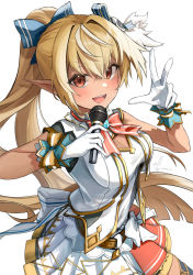 Rule 34 | 1girl, breasts, brown eyes, dark-skinned female, dark skin, elf, floating hair, gloves, highres, holding, holding microphone, hololive, hololive idol uniform, idol clothes, kito koruta, long hair, long pointy ears, medium breasts, microphone, open mouth, pointy ears, ponytail, shiranui flare, signature, skirt, skirt set, smile, solo, unfinished, v, v-shaped eyebrows, virtual youtuber, white gloves, white skirt, wrist cuffs