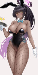 Rule 34 | 1girl, absurdres, animal ears, bare shoulders, black hair, black leotard, blue archive, blue bow, blue bowtie, blush, bow, bowtie, breasts, covered navel, dark-skinned female, dark skin, detached collar, erorange, fake animal ears, fishnets, gloves, halo, highleg, highleg leotard, highres, holding, holding tray, karin (blue archive), karin (bunny) (blue archive), large breasts, leotard, long hair, looking at viewer, official alternate costume, pantyhose, playboy bunny, ponytail, rabbit ears, simple background, solo, strapless, strapless leotard, thighs, traditional bowtie, tray, very long hair, white gloves, wrist cuffs, yellow eyes