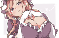 Rule 34 | 1girl, alternate hairstyle, arm strap, blonde hair, blush, bow, breasts, breasts squeezed together, choker, cleavage, closed mouth, elbow gloves, gloves, gokuu (acoloredpencil), hair bow, hair tie, hat, hat ribbon, head tilt, heart, heart of string, highres, huge breasts, long hair, looking at viewer, mature female, mob cap, outline, parted bangs, puffy short sleeves, puffy sleeves, purple background, purple eyes, red ribbon, ribbon, ribbon choker, shiny skin, short sleeves, smile, solo, touhou, two-tone background, upper body, white background, white gloves, white hat, yakumo yukari