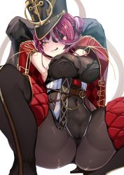 Rule 34 | 1girl, armpits, arms up, ass, black bodysuit, black footwear, black legwear, black leotard, blush, bodysuit, boots, breasts, cleavage, eyepatch, fang, hat, highres, hololive, hololive fantasy, houshou marine, jacket, kajimakoto, large breasts, leotard, long hair, looking at viewer, off shoulder, red hair, see-through, shiny skin, simple background, smile, solo, spread legs, thigh boots, virtual youtuber, white background, yellow eyes