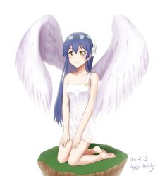 Rule 34 | 1girl, artist name, artist request, bare legs, bare shoulders, blush, collarbone, doge (jkdoge), feet, female focus, flower wreath, full body, head wreath, highres, long hair, looking at viewer, love live!, love live! school idol project, shirt, smile, solo, sonoda umi, white background, white shirt, wings, yellow eyes