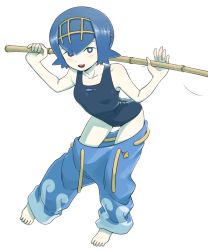 Rule 34 | 1girl, bare shoulders, bent over, black one-piece swimsuit, blue eyes, blue hair, blue pants, blush, breasts, bright pupils, collarbone, creatures (company), fish, fishing rod, full body, game freak, hair between eyes, hairband, lana (pokemon), legs apart, nintendo, nutkingcall, one-piece swimsuit, open mouth, pants, pokemon, pokemon sm, short hair, small breasts, solo, standing, swimsuit, teeth, tongue, transparent background, trial captain, white pupils, yellow hairband