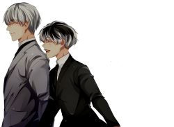 Rule 34 | 2boys, :d, arima kishou, black hair, black jacket, closed eyes, collared shirt, commentary request, derivative work, formal, from side, g4265059, glasses, grey jacket, highres, jacket, long sleeves, male focus, multiple boys, necktie, open mouth, profile, sasaki haise, shirt, short hair, simple background, smile, teeth, tokyo ghoul, tokyo ghoul:re, white background, white shirt
