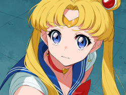 Rule 34 | 1girl, absurdres, bishoujo senshi sailor moon, bishoujo senshi sailor moon s, blonde hair, blue background, blue eyes, blue sailor collar, breasts, choker, circlet, cleavage, collarbone, commentary request, crescent, crescent earrings, derivative work, double bun, earrings, from side, hair bun, hair over shoulder, heart, highres, jewelry, long hair, magical girl, meme, parted lips, red choker, sailor collar, sailor moon, sailor moon redraw challenge (meme), sailor senshi uniform, screenshot redraw, short sleeves, solo, tsukino usagi, twintails, upper body, yuu (higashi no penguin)