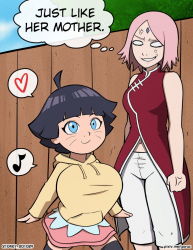 Rule 34 | 2girls, age difference, ahoge, anger vein, angry, beige hoodie, beige jacket, black hair, blue eyes, blunt bangs, boruto: naruto next generations, boruto: naruto the movie, boruto: the movie, breast envy, breasts, clenched hand, closed mouth, cowboy shot, dress, english text, facial mark, feet out of frame, fence, forehead jewel, forehead mark, garabato, happy, haruno sakura, heart, hood, hood down, hooded jacket, hoodie, jacket, large breasts, looking at another, medium breasts, multiple girls, musical note, naruto (series), navel, older woman and younger girl, oppai loli, pants, parted lips, pink hair, pink skirt, pixiv username, red dress, short hair, skirt, smile, solid oval eyes, speech bubble, spoken heart, spoken musical note, standing, sweater, thought bubble, uzumaki himawari, watermark, web address, whisker markings, whiskers, white pants, yellow sweater