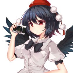 Rule 34 | 1girl, binan xian lu, black bow, black hair, bow, breasts, camera, hat, holding, holding camera, large breasts, looking away, parted lips, puffy sleeves, red eyes, shameimaru aya, short hair, solo, tokin hat, touhou, upper body, wings