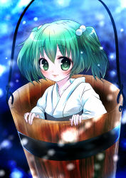Rule 34 | 1girl, blue background, blush, bucket, fingernails, green eyes, green hair, hair bobbles, hair ornament, highres, in bucket, in container, japanese clothes, kimono, kisume, light particles, lips, looking at viewer, matching hair/eyes, nekodanukoko, obi, parted lips, sash, solo, touhou, twintails