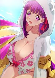 Rule 34 | 1girl, animal hood, bear hood, bikini, breasts, claw (weapon), claws, cleavage, cloud, cloudy sky, fate/extra, fate/extra ccc, fate/grand order, fate (series), hair ribbon, hat, highres, hood, hood up, huge breasts, looking at viewer, passionlip (fate), pink eyes, purple hair, ribbon, sky, smile, solo, sun hat, swimsuit, weapon, wisterian4u