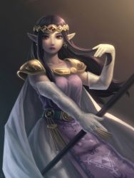Rule 34 | 1girl, bellhenge, earrings, elbow gloves, gloves, highres, jewelry, long hair, lots of jewelry, md5 mismatch, nintendo, pointy ears, princess hilda, purple hair, red eyes, resized, resolution mismatch, solo, source smaller, staff, the legend of zelda, the legend of zelda: a link between worlds, triforce, upscaled, white gloves