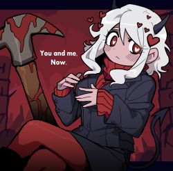 Rule 34 | :&lt;, black jacket, black skirt, blood, bloody weapon, blush, closed mouth, commentary, crossed legs, demon horns, demon tail, english text, hair ornament, hammer, heart, heart-shaped pupils, heart hair ornament, helltaker, highres, horns, jacket, jihecchi, long sleeves, looking at viewer, modeus (helltaker), pantyhose, pencil skirt, red eyes, red legwear, red sweater, sitting, skirt, sweater, symbol-shaped pupils, tail, weapon, white hair
