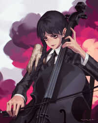Rule 34 | 1girl, addams family, black hair, black jacket, black nails, black necktie, braid, closed mouth, collared shirt, hand on another&#039;s shoulder, highres, holding, holding instrument, instrument, jacket, jiro (ninetysix), long hair, long sleeves, multicolored background, nail polish, necktie, school uniform, shirt, smile, smoke, striped clothes, striped jacket, thing (addams family), twin braids, wednesday (netflix), wednesday addams, white shirt