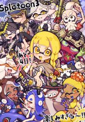 Rule 34 | 4boys, 6+girls, :d, absurdres, agent 3 (splatoon), agent 3 (splatoon 3), animal, arm up, asymmetrical hair, bamboozler 14 (splatoon), beard, big man (splatoon), black bra, black dress, black gloves, black hair, black pants, blonde hair, blue hair, blue hat, blue shawl, bluerosamarinus, blush, blush stickers, bow-shaped hair, bow (weapon), bra, braid, bright pupils, brown cape, brown hair, callie (splatoon), cap&#039;n cuttlefish, cape, cat, chest sarashi, cloak, closed eyes, closed mouth, coat, colored sclera, colored tongue, commentary request, copyright name, crop top, crossed arms, crown, dark-skinned female, dark skin, dj octavio, dot nose, dress, dual wielding, earrings, everyone, expressionless, facial hair, fang, fingerless gloves, folded fan, folding fan, frye (splatoon), furrowed brow, gloves, green hair, green sclera, grey choker, grey hair, grey shirt, grin, hachimaki, hair over one eye, hair tie, half-closed eye, hand fan, hand on own cheek, hand on own face, hat, head rest, headband, headphones, highres, holding, holding bow (weapon), holding fan, holding microphone, holding umbrella, holding weapon, hoop earrings, inkling, inkling girl, inkling player character, jacket, jewelry, judd (splatoon), layered shirt, li&#039;l judd (splatoon), long hair, looking at viewer, manta ray, marie (splatoon), marina (splatoon), medium hair, microphone, midriff, military hat, mole, mole under eye, mole under mouth, multicolored hair, multiple boys, multiple earrings, multiple girls, navel piercing, nejiri hachimaki, nintendo, octoling, octopus, old, old man, one eye closed, one eye covered, open clothes, open jacket, open mouth, orange-tinted eyewear, orange eyes, orange jacket, pants, peaked cap, pearl (splatoon), piercing, pink hair, pointy ears, purple eyes, purple tongue, red eyes, red shirt, sandals, sarashi, scar, shawl, shirt, shiver (splatoon), short hair, single braid, skin fang, smallfry (splatoon), smile, splatoon (series), splatoon 3, star-shaped pupils, star (symbol), strapless, strapless dress, suction cups, sunglasses, swept bangs, symbol-shaped pupils, tentacle hair, tinted eyewear, tooth earrings, torn cloak, torn clothes, torn pants, translation request, tri-stringer (splatoon), two-tone hair, umbrella, underwear, v-shaped eyebrows, w, waving, weapon, white coat, white pupils, white shirt, yellow coat, yellow eyes, yellow shawl, yellow shirt, yellow tongue