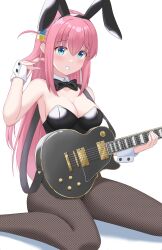 Rule 34 | 1girl, absurdres, animal ears, blue eyes, blush, bocchi the rock!, bow, bowtie, breasts, cleavage, cube hair ornament, detached collar, fake animal ears, fishnet pantyhose, fishnets, frown, gotoh hitori, guitar, hair ornament, hairband, hand in own hair, highres, holding, holding instrument, instrument, kyujuukyu, large breasts, leotard, long hair, mouth hold, one side up, pantyhose, pink hair, playboy bunny, plectrum, plectrum in mouth, rabbit ears, sitting, solo, strapless, strapless leotard, traditional bowtie, very long hair, wariza, wrist cuffs