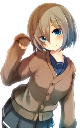 Rule 34 | 10s, 1girl, absurdres, backlighting, blue eyes, blush, breasts, cardigan, closed mouth, eyes visible through hair, grey hair, grey skirt, hair ornament, hair over one eye, hairclip, hamakaze (kancolle), highres, kantai collection, looking at viewer, medium breasts, paw pose, pleated skirt, ryuuguu yassuu, school uniform, serafuku, short hair, simple background, skirt, sleeves past wrists, smile, solo, upper body, white background