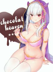 Rule 34 | 1girl, bikini, blush, breasts, cleavage, closed mouth, collarbone, fate/grand order, fate (series), hair ribbon, highres, hood, horned hood, horns, jewelry, kama (chocolate heaven) (fate), kama (fate), large breasts, licking lips, long hair, looking at viewer, navel, necklace, pink bikini, pink ribbon, red eyes, ribbon, silver hair, sitting, sky, smile, solo, star (sky), starry sky, swimsuit, thighhighs, thighs, tongue, tongue out, white background, white thighhighs, yamamura umi