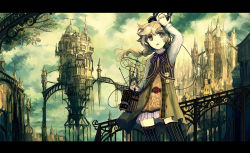 Rule 34 | 1girl, architecture, arm up, bag, black thighhighs, blonde hair, bridge, brown eyes, building, cable, city, cowboy shot, dome, dress, fantasy, fence, floating hair, gothic architecture, hand on own head, hatoya hato, headphones, headphones removed, holding, ironwork, layered clothes, letterboxed, looking afar, neck ribbon, open mouth, original, pocket watch, ponytail, radio, radio antenna, ribbon, short dress, shoulder bag, sky, solo, spire, striped clothes, striped thighhighs, thighhighs, vertical-striped clothes, vertical-striped thighhighs, watch, wind, zettai ryouiki