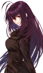 Rule 34 | 1girl, antenna hair, breasts, closed mouth, fate/grand order, fate (series), highres, lips, long hair, long sleeves, looking at viewer, looking back, makimura shunsuke, medium breasts, purple hair, red eyes, scathach (fate), scathach (traveling outfit) (fate), sidelocks, simple background, smile, upper body, white background