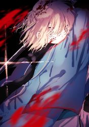 Rule 34 | 1girl, absurdres, akarimaru, arm guards, black scarf, blonde hair, blood, blood on face, blood splatter, blurry, blurry foreground, bow, covered mouth, fate/grand order, fate (series), from behind, hair between eyes, hair bow, hand up, haori, highres, holding, holding sword, holding weapon, japanese clothes, katana, long sleeves, looking at viewer, looking back, medium hair, okita souji (fate), okita souji (koha-ace), scarf, sidelocks, solo, sword, upper body, weapon, wide sleeves