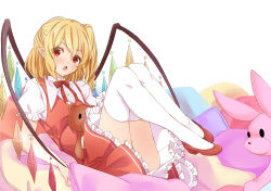 Rule 34 | 1girl, :o, blonde hair, child, fang, flandre scarlet, full body, highres, knees up, long hair, looking at viewer, lying, neck ribbon, on back, pointy ears, puffy short sleeves, puffy sleeves, red eyes, red footwear, red ribbon, red skirt, ribbon, shiny skin, shoes, short sleeves, simple background, skirt, solo, stuffed animal, stuffed rabbit, stuffed toy, teddy bear, thighhighs, touhou, white background, white thighhighs, wide hips, wings, yukina (masyumaro610)