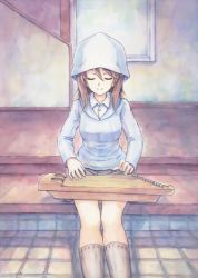 Rule 34 | 10s, 1girl, blue hat, blue shirt, brown hair, closed eyes, closed mouth, commentary, dress shirt, facing viewer, girls und panzer, grey skirt, grey socks, hat, holding, holding instrument, indoors, instrument, kantele, keizoku school uniform, kneehighs, long hair, long sleeves, mika (girls und panzer), miniskirt, music, omachi (slabco), playing instrument, pleated skirt, school uniform, shirt, sitting, skirt, smile, socks, solo, striped clothes, striped shirt, vertical-striped clothes, vertical-striped shirt, white shirt