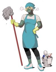 Rule 34 | 1boy, puff of air, alternate costume, black pants, blue footwear, bottle, bucket, cleaning, cleaning brush, cloth, colored shoe soles, commentary, english commentary, frown, full body, gloves, guilty gear, hand on own hip, holding, holding mop, humanoid robot, male focus, mop, no humans, pants, pants rolled up, robo-ky, robot, rubber gloves, shirt, shoes, short hair, simple background, sneakers, solid eyes, solo, sorrysap, spray bottle, white background, white footwear, white shirt, winding key, yellow eyes, yellow gloves