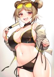 Rule 34 | 1girl, :d, bare shoulders, bikini, black choker, blush, breasts, brown hair, choker, cleavage, commission, cowboy shot, double bun, eyewear on head, folding fan, girls&#039; frontline, gold trim, hair bun, hair intakes, hand fan, highres, holding, kinsenka momi, large breasts, long sleeves, looking at viewer, naughty face, navel, off shoulder, open mouth, p90 (girls&#039; frontline), red eyes, side-tie bikini bottom, simple background, skeb commission, smile, solo, standing, string bikini, sunglasses, swimsuit, teeth, tongue, untied bikini, v-shaped eyebrows, white background
