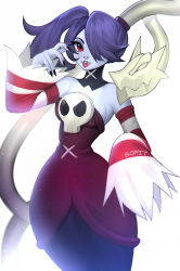 Rule 34 | 1girl, absurdres, black nails, blue hair, blue skin, colored skin, detached collar, dress, fingernails, hair over one eye, highres, leviathan (skullgirls), looking at viewer, nail polish, red eyes, sharp fingernails, side ponytail, skullgirls, smile, sofit, solo, squigly (skullgirls), stitched mouth, stitches, striped sleeves, tongue, tongue out, white background, wide sleeves, zombie