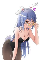 Rule 34 | 1girl, adjusting eyewear, animal ears, artist name, bare arms, bare back, bare shoulders, blue hair, blush, breasts, cinnamoonfang, cleavage, closed mouth, collarbone, commentary request, cowboy shot, hand on own thigh, heart, heart-shaped eyewear, highres, hololive, leaning forward, leotard, light blue hair, long hair, looking at viewer, orange eyes, pantyhose, playboy bunny, rabbit-shaped eyewear, rabbit-shaped pupils, rabbit ears, rabbit girl, rabbit tail, simple background, small breasts, smile, solo, sunglasses, symbol-shaped pupils, tail, thick eyebrows, usada pekora, usada pekora (1st costume), virtual youtuber, white background