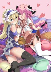 Rule 34 | 2boys, absurdres, ass, astolfo (fate), bare shoulders, black thighhighs, blonde hair, blue eyes, blush, bow, braid, breasts, bulge, chevalier d&#039;eon (fate), clothes lift, dress, fang, fate/apocrypha, fate/grand order, fate (series), from behind, garter straps, hair bow, headdress, highres, husun wei, long hair, looking at viewer, looking back, lying, maid, maid headdress, miniskirt, multicolored hair, multiple boys, on side, one eye closed, open mouth, panties, pantyshot, pink hair, purple eyes, school uniform, shiny skin, sideboob, single braid, skirt, skirt hold, skirt lift, smile, thighhighs, trap, two-tone hair, underwear, very long hair, white hair, white thighhighs, wink