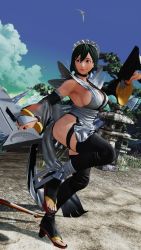 Rule 34 | 1girl, 3d, black hair, black leotard, breasts, butterfly swords, curvy, fighting stance, forest, full body, highleg, highleg leotard, highres, holding, holding weapon, iroha (samurai spirits), large breasts, leotard, lips, looking to the side, maid, maid headdress, nature, ryona, samurai spirits, screencap, shiny skin, short hair, sideboob, skindentation, smile, solo, thighhighs, third-party edit, weapon, wide hips