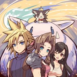 Rule 34 | 1boy, 2girls, aerith gainsborough, armor, asymmetrical hair, bad id, bad pixiv id, black hair, blonde hair, blue eyes, blue shirt, braid, braided ponytail, breasts, brown eyes, brown hair, cait sith (ff7), cape, cat, choker, closed eyes, cloud strife, crown, dress, earrings, final fantasy, final fantasy vii, fujimaru (green sparrow), green eyes, hair between eyes, hair ribbon, head on hand, jacket, jewelry, large breasts, medium breasts, meteor, moogle, multiple girls, open mouth, parted bangs, pink dress, red cape, red jacket, ribbon, shirt, shoulder armor, sidelocks, sleeveless, sleeveless turtleneck, smile, spiked hair, square enix, suspenders, teeth, tifa lockhart, turtleneck, upper body, upper teeth only, white shirt