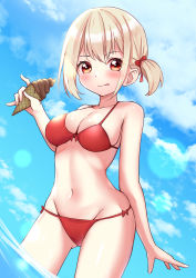 Rule 34 | 1girl, :p, absurdres, ao (flowerclasse), bare arms, bare shoulders, bikini, blonde hair, blue sky, blush, bow, bow bikini, breasts, cleavage, closed mouth, cloud, cloudy sky, commentary request, day, food, groin, highres, holding, holding food, ice cream, ice cream cone, looking at viewer, lycoris recoil, medium breasts, navel, nishikigi chisato, outdoors, red bikini, red eyes, side ponytail, sky, smile, soft serve, solo, standing, swimsuit, tongue, tongue out, water