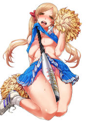 Rule 34 | 019, 1girl, baseball bat, blonde hair, blush, breasts, brown eyes, cheerleader, clothes lift, large breasts, lips, long hair, looking at viewer, naughty face, no bra, no nipples, open mouth, original, panties, pink panties, pom pom (cheerleading), satou saori, shiny skin, shirt lift, solo, sweat, thick lips, thick thighs, thighs, twintails, underboob, underwear