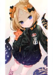 Rule 34 | 1girl, :o, abigail williams (fate), abigail williams (traveling outfit) (fate), absurdres, animal print, black bow, black jacket, blonde hair, blue eyes, blush, bow, fate/grand order, fate (series), hair bow, hair bun, head tilt, heroic spirit traveling outfit, highres, jacket, long hair, long sleeves, looking at viewer, non-web source, hugging object, official alternate costume, orange bow, parted bangs, parted lips, polka dot, polka dot bow, red footwear, scan, single hair bun, sleeves past fingers, sleeves past wrists, solo, standing, standing on one leg, stuffed animal, stuffed toy, suction cups, teddy bear, tentacles, tiger print, yano mitsuki (nanairo)