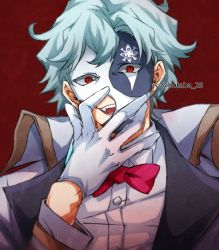 Rule 34 | 1boy, blue hair, bow, bowtie, dottore (genshin impact), evil smile, genshin impact, gloves, hutaba 29, light blue hair, long sleeves, looking at viewer, male focus, masked, open mouth, red bow, red bowtie, red eyes, short hair, simple background, smile, white gloves