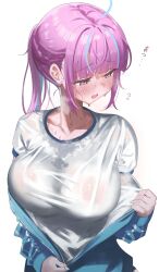 Rule 34 | 1girl, absurdres, blush, breasts, colored inner hair, gym uniform, highres, hololive, jacket, large breasts, madai (mappy), minato aqua, multicolored hair, open clothes, open jacket, open mouth, partially unzipped, ponytail, purple eyes, see-through, see-through shirt, simple background, solo, sweatdrop, two-tone hair, unzipping, virtual youtuber, white background, zipper