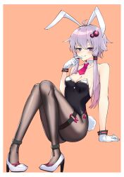Rule 34 | 1girl, ahoge, animal ears, bare shoulders, black leotard, black pantyhose, blush, breasts, cleavage, commentary, detached collar, fake animal ears, gloves, hair ornament, high heels, highres, leotard, looking at viewer, necktie, orange background, pantyhose, playboy bunny, purple eyes, purple hair, rabbit ears, rabbit tail, red necktie, short hair with long locks, sidelocks, simple background, sitting, small breasts, smile, solo, strapless, strapless leotard, tail, thigh strap, voiceroid, white footwear, white gloves, yuzuki yukari, zooanime