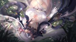 Rule 34 | 1girl, azuma (azur lane), azuma (lily-white longing) (azur lane), azur lane, breasts, bridal veil, bride, cleavage, dress, garter straps, gloves, large breasts, looking at viewer, lying, micchi (umatankita), official alternate costume, on back, on grass, outdoors, purple hair, see-through, see-through dress, solo, veil, wedding dress, white garter straps, white gloves, yellow eyes