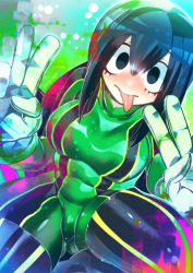 Rule 34 | 1girl, :p, asui tsuyu, black eyes, black hair, blush, bodysuit, boku no hero academia, boots, breasts, closed mouth, double v, gloves, green bodysuit, hair between eyes, hakkasame, highres, large breasts, long hair, looking at viewer, solo, thigh boots, thighhighs, tongue, tongue out, v, white gloves
