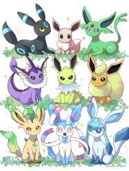 Rule 34 | :3, :d, alternate color, artist name, blue eyes, bright pupils, brown eyes, closed mouth, commentary request, creatures (company), eevee, espeon, evolutionary line, fangs, flareon, forehead jewel, game freak, gem, gen 1 pokemon, gen 2 pokemon, gen 4 pokemon, gen 6 pokemon, glaceon, highres, jolteon, leafeon, looking at viewer, nintendo, no humans, open mouth, pink eyes, pokemon, pokemon (creature), purple eyes, saki pokeoekaki, shiny pokemon, simple background, sitting, smile, sparkle, sylveon, twitter username, umbreon, vaporeon, white background, white pupils, yellow eyes