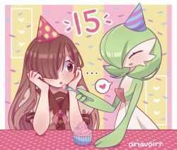 Rule 34 | ..., 2girls, ^ ^, artist name, bellavoirr, birthday, blush, bob cut, border, brown dress, brown eyes, brown hair, closed eyes, colored skin, confetti, creatures (company), cupcake, dress, embarrassed, feeding, female focus, flat chest, food, fork, game freak, gardevoir, gen 3 pokemon, green hair, green skin, hair over one eye, hand up, hands on own face, hands up, happy, head rest, heart, holding, holding fork, long hair, looking at another, looking to the side, matching hair/eyes, multicolored skin, multiple girls, nintendo, open mouth, original, outside border, pokemon, pokemon (creature), polka dot, puffy short sleeves, puffy sleeves, short hair, short sleeves, sidelocks, sideways mouth, signature, sitting, smile, sofia (bellavoirr), speech bubble, spoken heart, striped, striped background, table, two-tone skin, upper body, white border, white skin