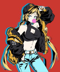 Rule 34 | 1girl, alternate costume, artist request, baseball cap, black survival, blonde hair, blue eyes, blue pants, breasts, blowing bubbles, chewing gum, cleavage, cleavage cutout, clothing cutout, collarbone, covered collarbone, crop top, denim, halterneck, hat, highres, jacket, jeans, long hair, medium breasts, midriff, nail polish, navel, nicky blake, pants, red background, simple background, twintails, very long hair