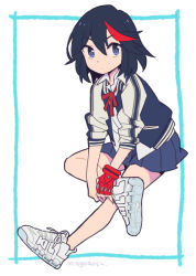 Rule 34 | 1girl, blue skirt, brand name imitation, commentary, gloves, jacket, kill la kill, looking to the side, mago, matoi ryuuko, nike (company), shoes, short hair, single glove, skirt, sneakers, solo, symbol-only commentary